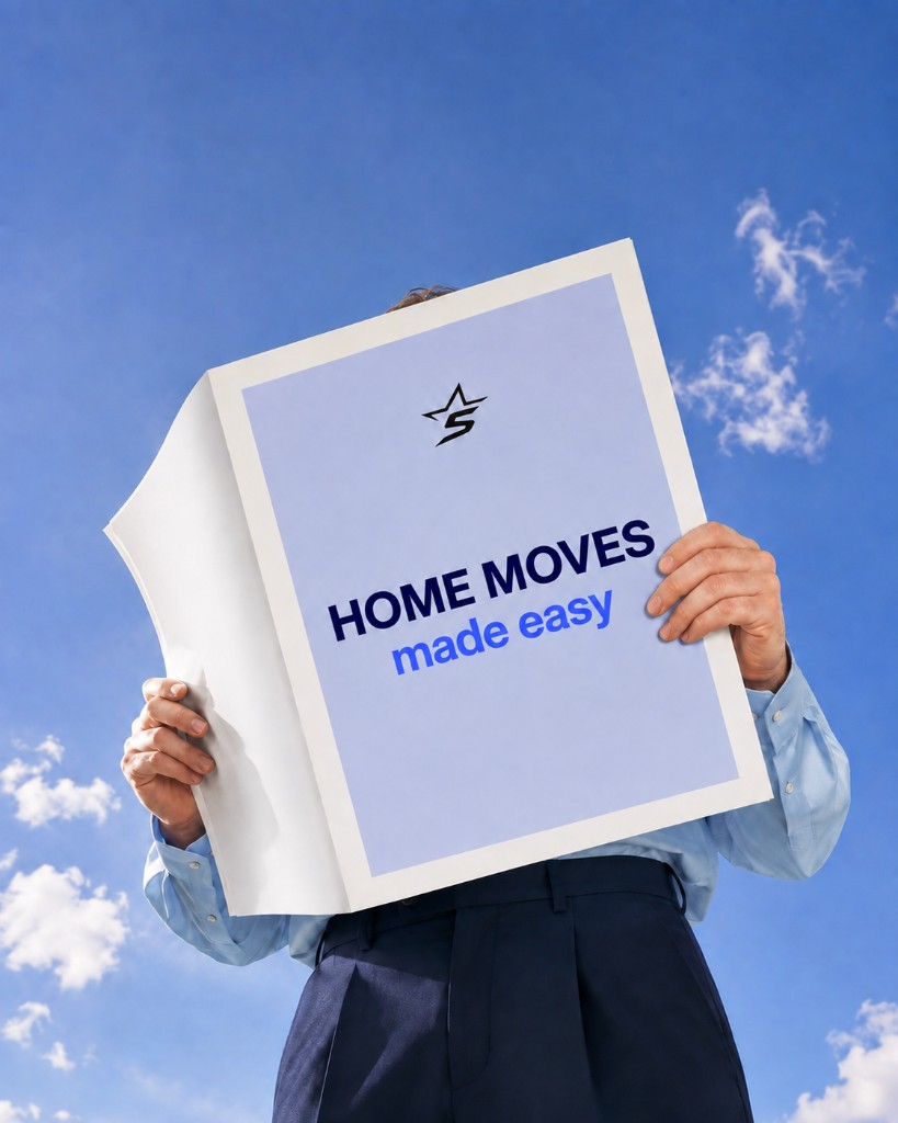 Person holding a HOME MOVES made easy poster against a blue sky