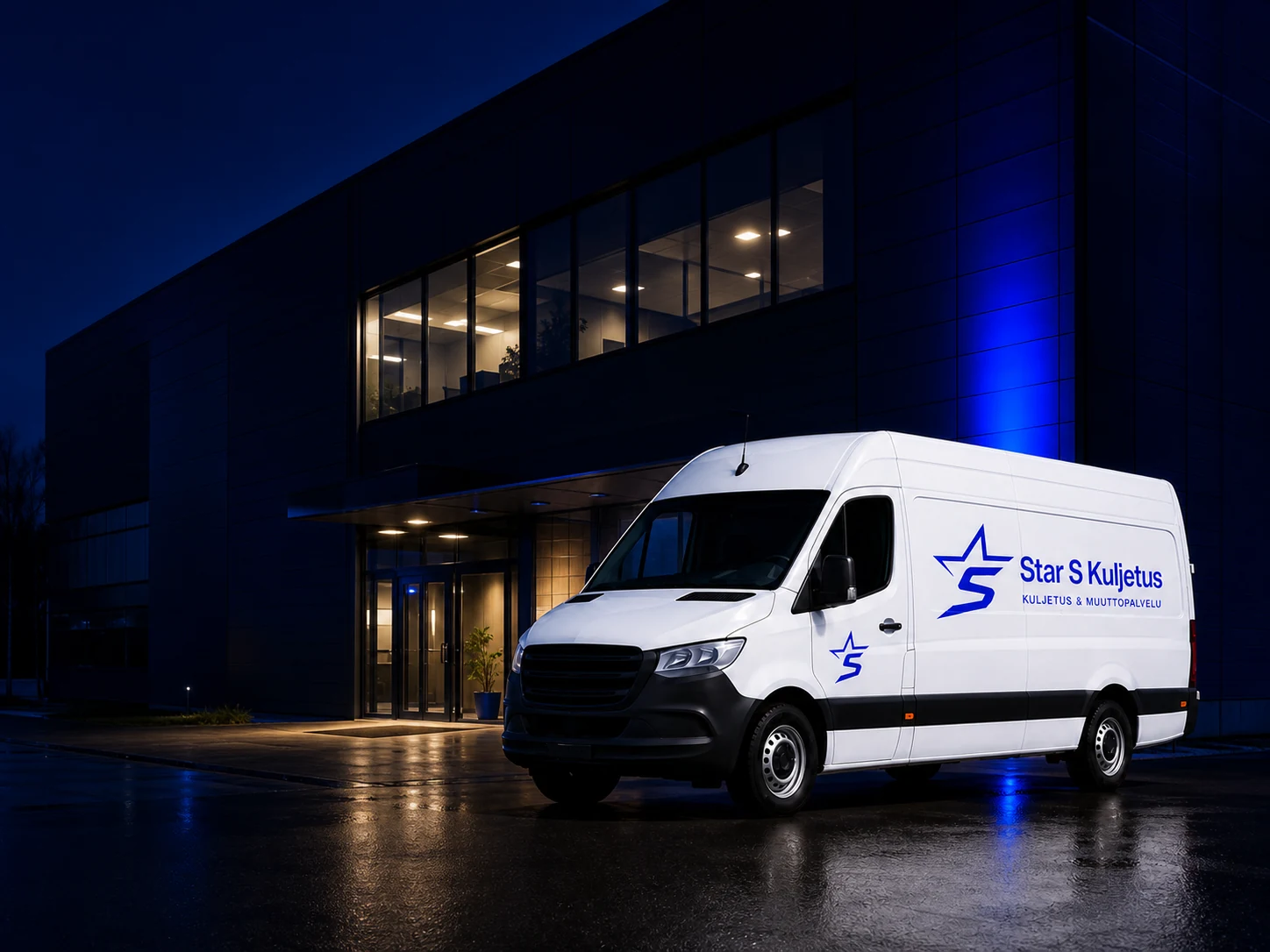 Star-S pakettiauto toimistorakennuksen edessä illalla